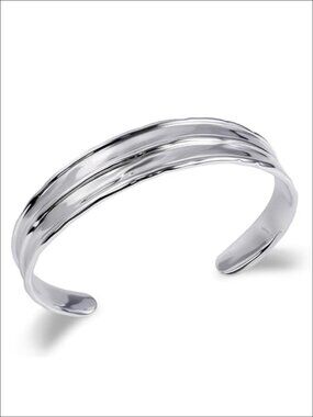 Hammered Wave Texture Open Cuff Bracelet Hypoallergenic Silver Bangle